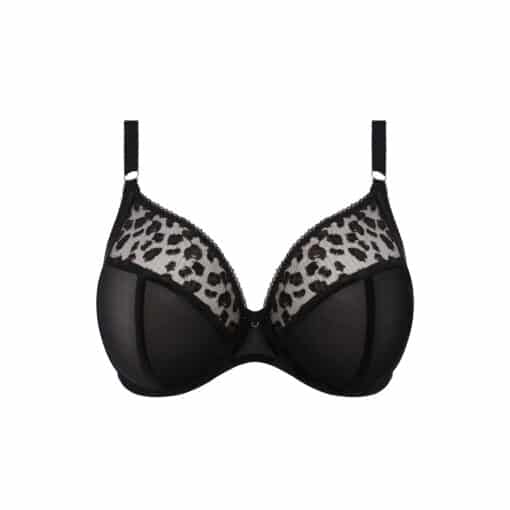 Based on the Matilda EL8900 UW Plunge Bra frame, but developed into a bandless style Bandless styling has no fabric under the cup, preventing roll-up Top cup embroidery features a leopard spot design Elasticated neck edge for ease of fit Soft foldover elastic overlay on the bottom edge of underband and centre gore for all-day comfort Rose gold metal apex rings Bow with metal ring detail at centre front