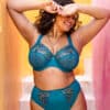 Elomi Zarla UW Bra in fashion colour Ocean Depths teal colourway model wearing matching briefs set front view