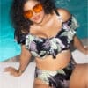 Elomi ruffle bikini top in tropical retreat front view by the pool