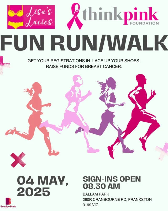 Join us for our Lisa's Lacies Fun Run/Wallk Event 2025 in support of The Think Pink Foundation Australia @think_pink_foundation 

We have a fundraising goal of $20,000... help us hit it!

#GetMoving
#RunWalkRepeat
#HealthyLiving
#FitnessForACause
#ActiveForACause
#runningforacure #ThinkPink
#BreastCancerAwareness
#BreastCancerSupport
#RunForACure
#FightCancerTogether
#StrongerTogether
#CancerAwareness
#supportthecause #LisasLaciesFunRun
#FunRun2025
#LisasLacies
#ThinkPinkFundraiser
#LisaLaciesEvent
#RunForACause
#CommunityFunRun
#WalkForBreastCancer
#PinkRun
#PinkWalk